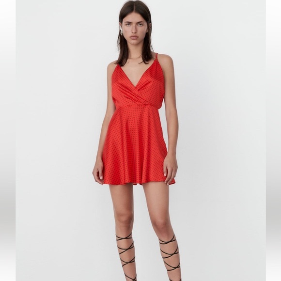 Zara red polka dot satin silk look open back mini flare dress  NWT - Picture 6 of 7